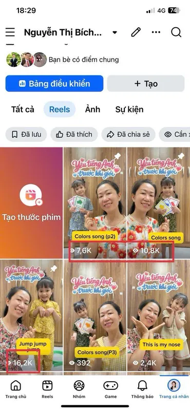 Kênh Nguyễn Thị Bích Ngọc: reels 7,6K đến 16,2K view