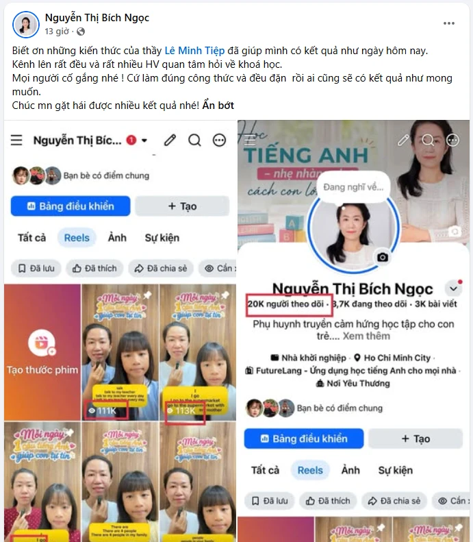Bài chia sẻ của học viên Nguyễn Thị Bích Ngọc: reels 111K, 113K view, 20K người theo dõi